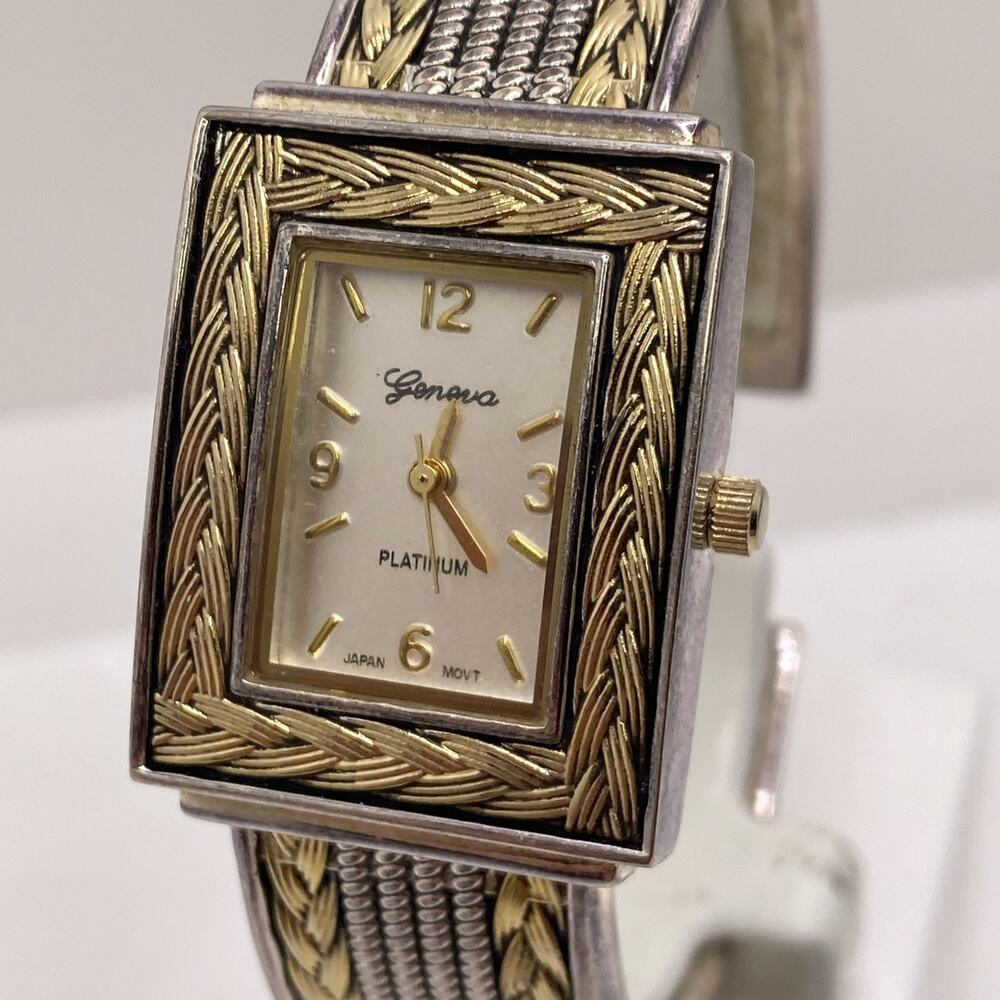 Vintage Geneva Womens Silver Gold Cuff Bangle Watch New Batteey